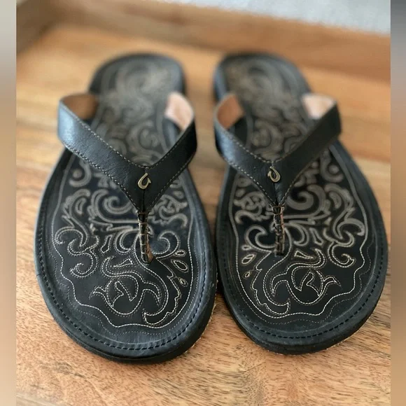 Olukai Paniolo Flip Flop Sandals Black Leather Sandals Size 11 - Picture 3 of 9
